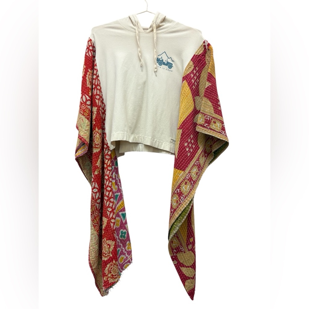 UPCYCLED Boho Graphic Tee Kantha Poncho Hooded Life is Good Jeep OSFM